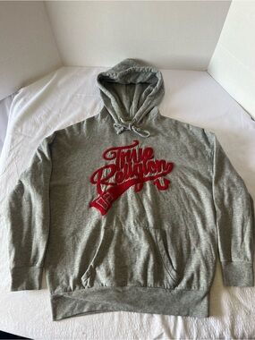 True Religion Grey Hoodie with Red Script Chest Logo
